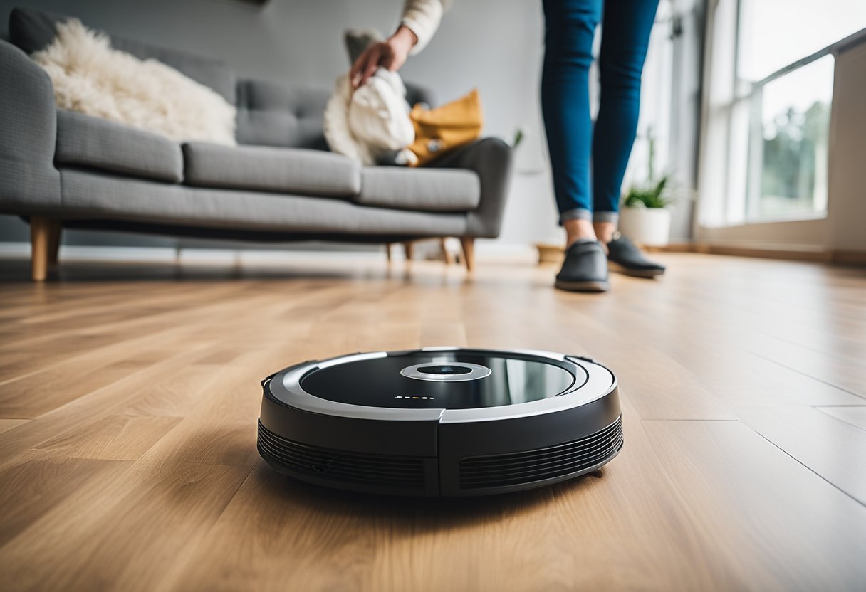 A robot vacuum cleaner glides across a clean, modern living room floor in Ireland. A happy Irish consumer holds a buying guide, pointing to the top-rated models