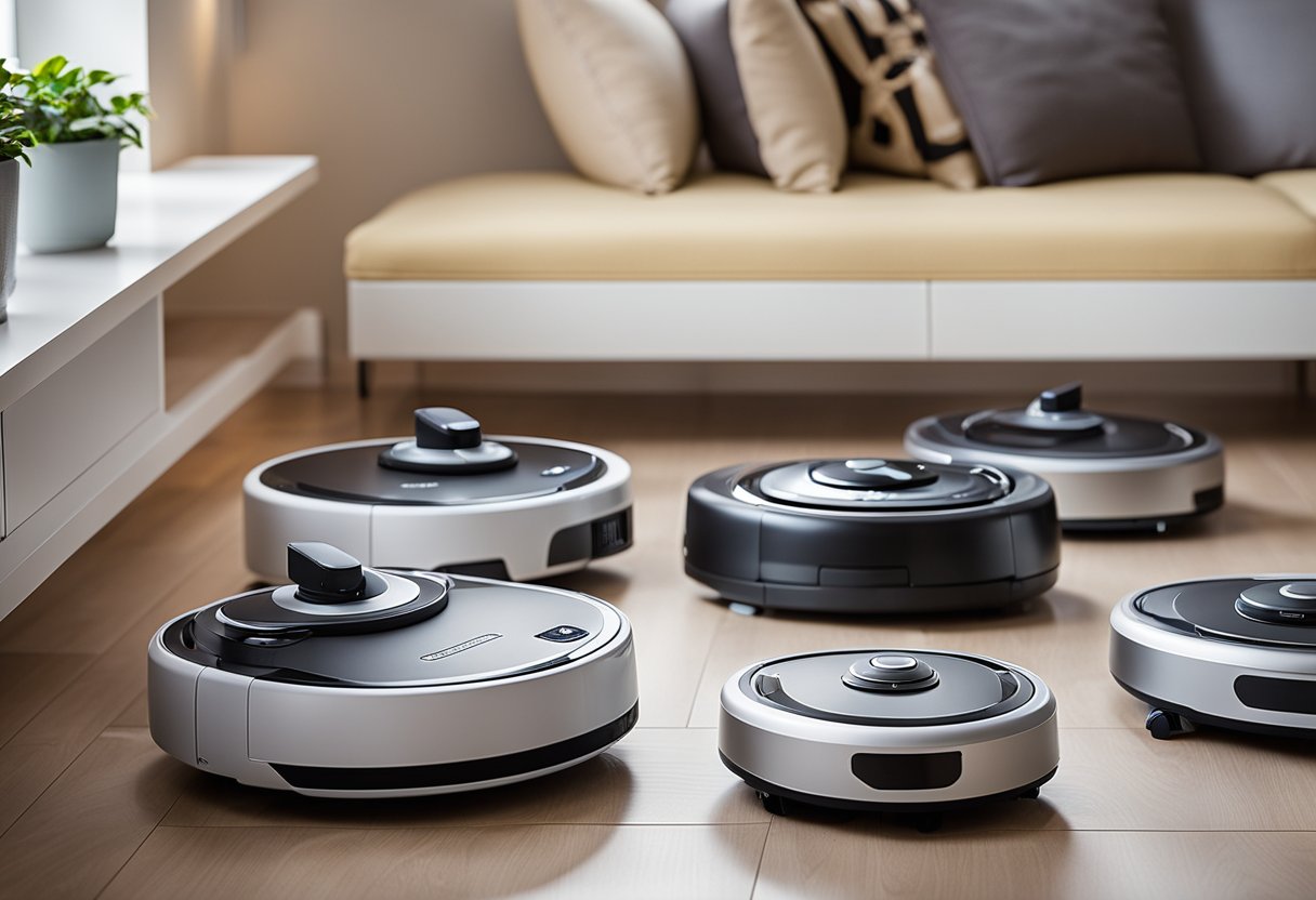 A row of robot vacuum cleaners lined up, each displaying their cleaning capabilities in a modern Irish home setting