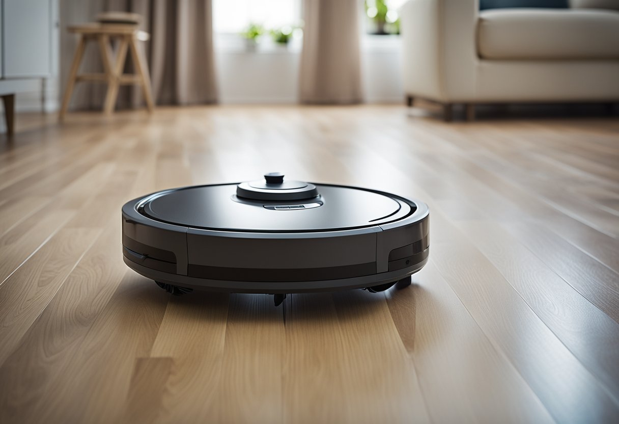 A robot vacuum cleaner glides effortlessly across a clean, spacious room in a modern Irish home, efficiently maintaining and caring for the floors