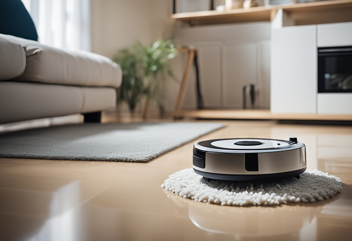 A modern, sleek robot vacuum cleaner efficiently cleans a room, while renewable energy sources power the device, reducing environmental impact