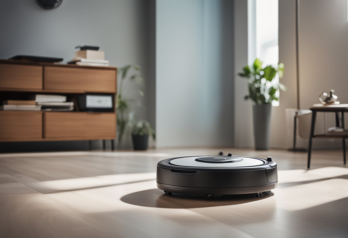 A robot vacuum cleaner navigating through a clutter-free room, with a charging station in the corner and a "Frequently Asked Questions" sign in the background