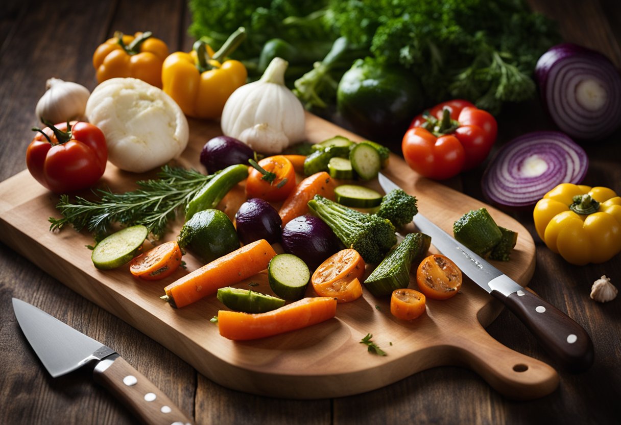 A variety of colorful roasted vegetables arranged on a clean cutting board, with a knife and a rolling pin nearby