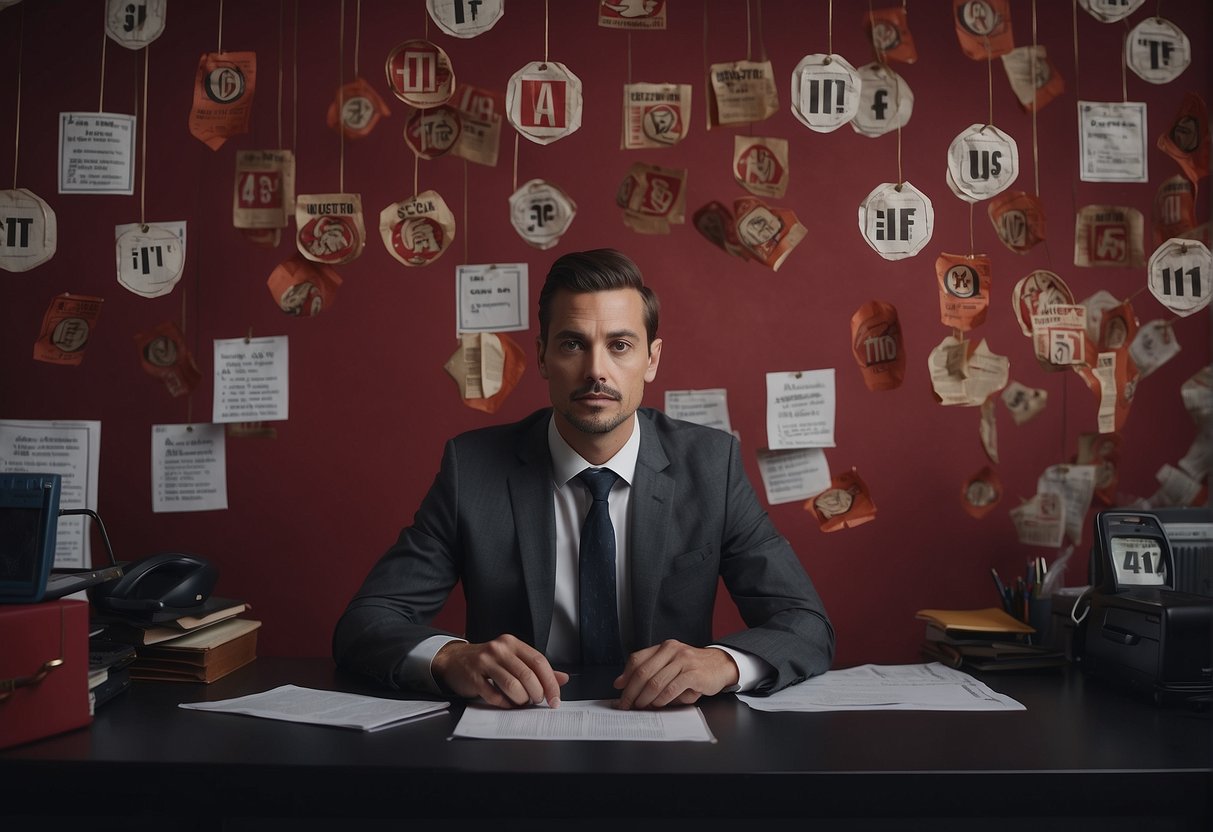 A stock trader surrounded by warning signs and red flags, with a question mark hovering above their head