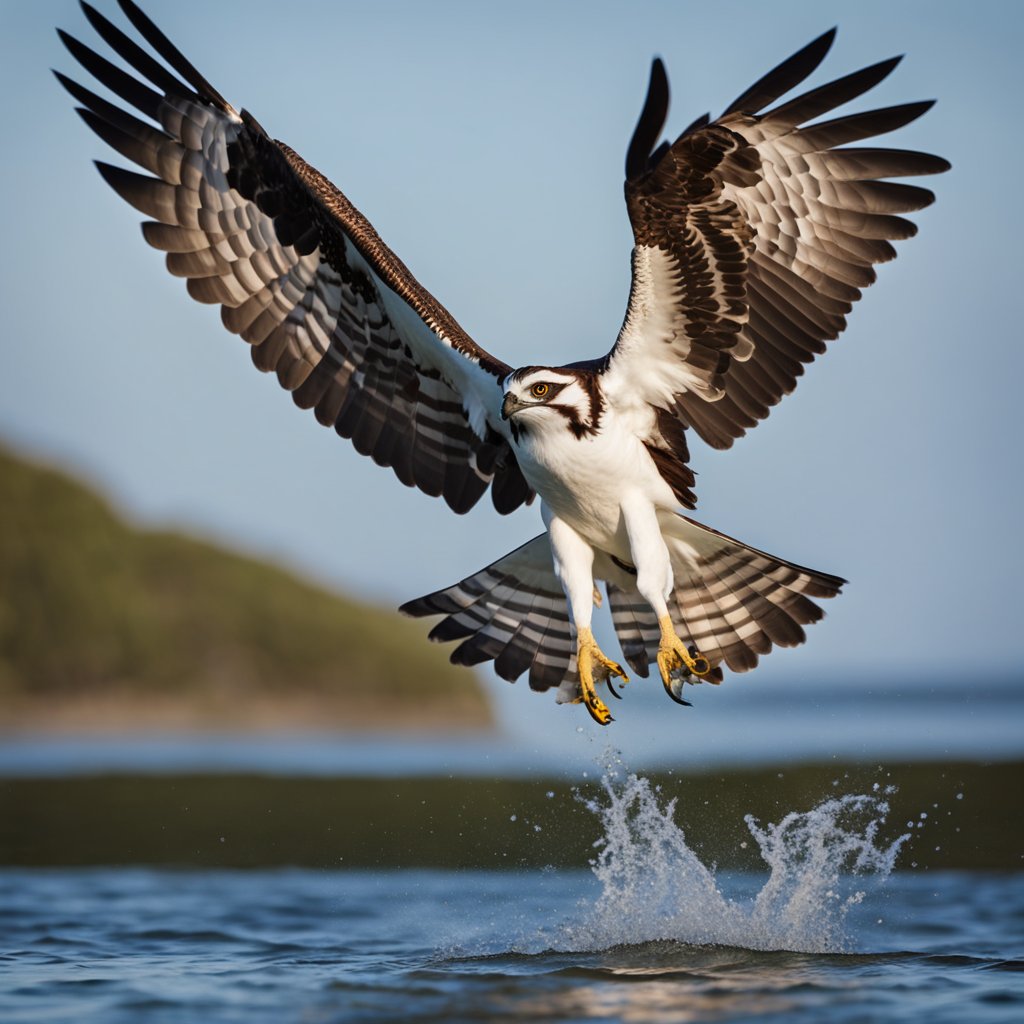 The osprey bird swoops down, its wings spread wide as it dives towards the water, its sharp eyes fixed on its prey below