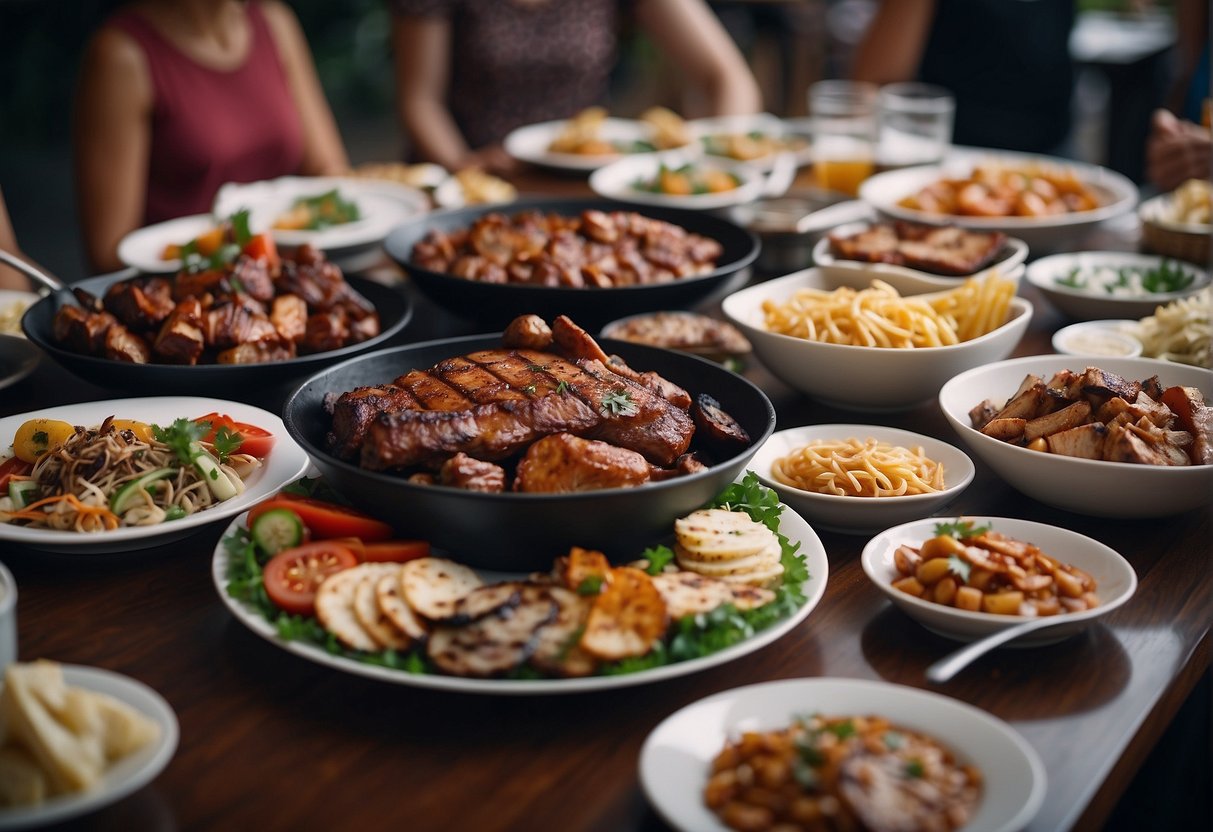A table with plates piled high with barbecue, each portioned for one person, surrounded by hungry guests