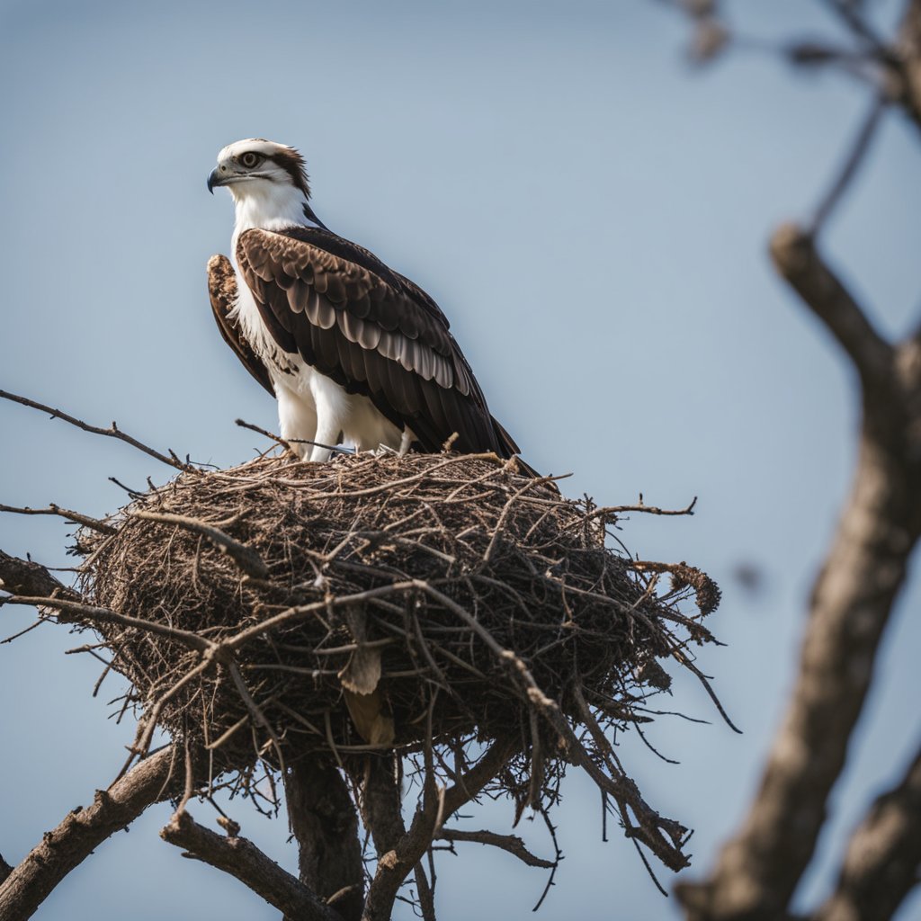 Osprey bird builds nest with twigs, lays eggs, and feeds young fish