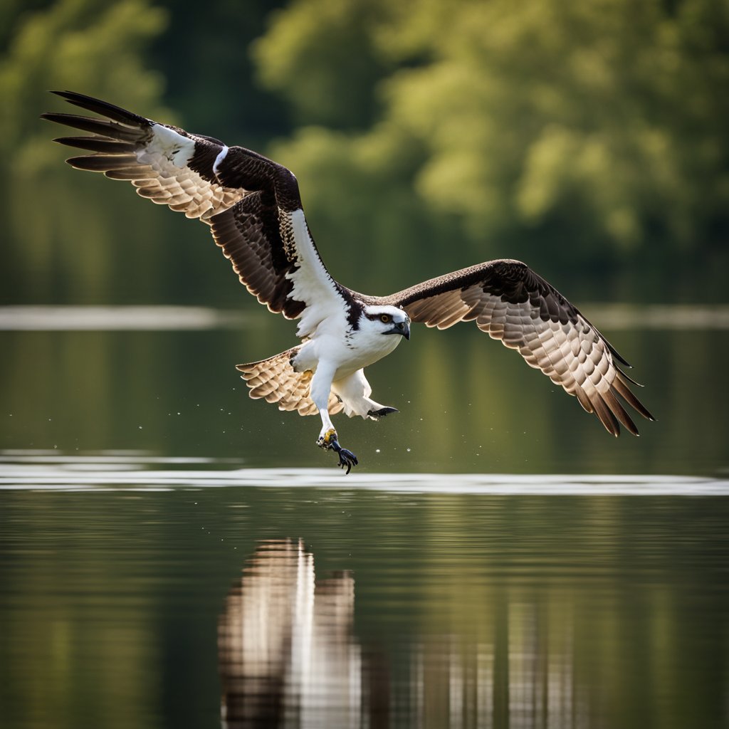 A male and female osprey soar above a tranquil lake, their wings outstretched as they gracefully search for fish below