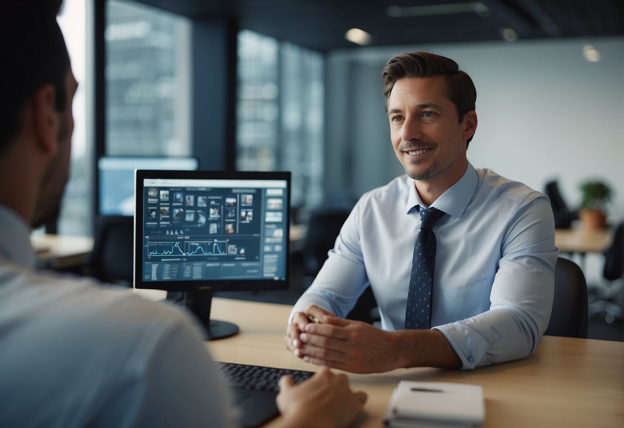 A salesperson demonstrates AI video features to a potential client in a bright, modern office setting