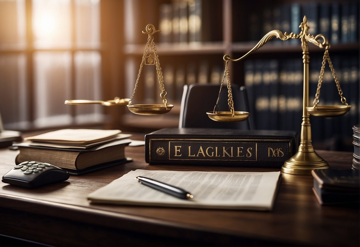 An office desk with a computer, legal documents, and ethical guidelines displayed. A scale symbolizing balance between law and morality