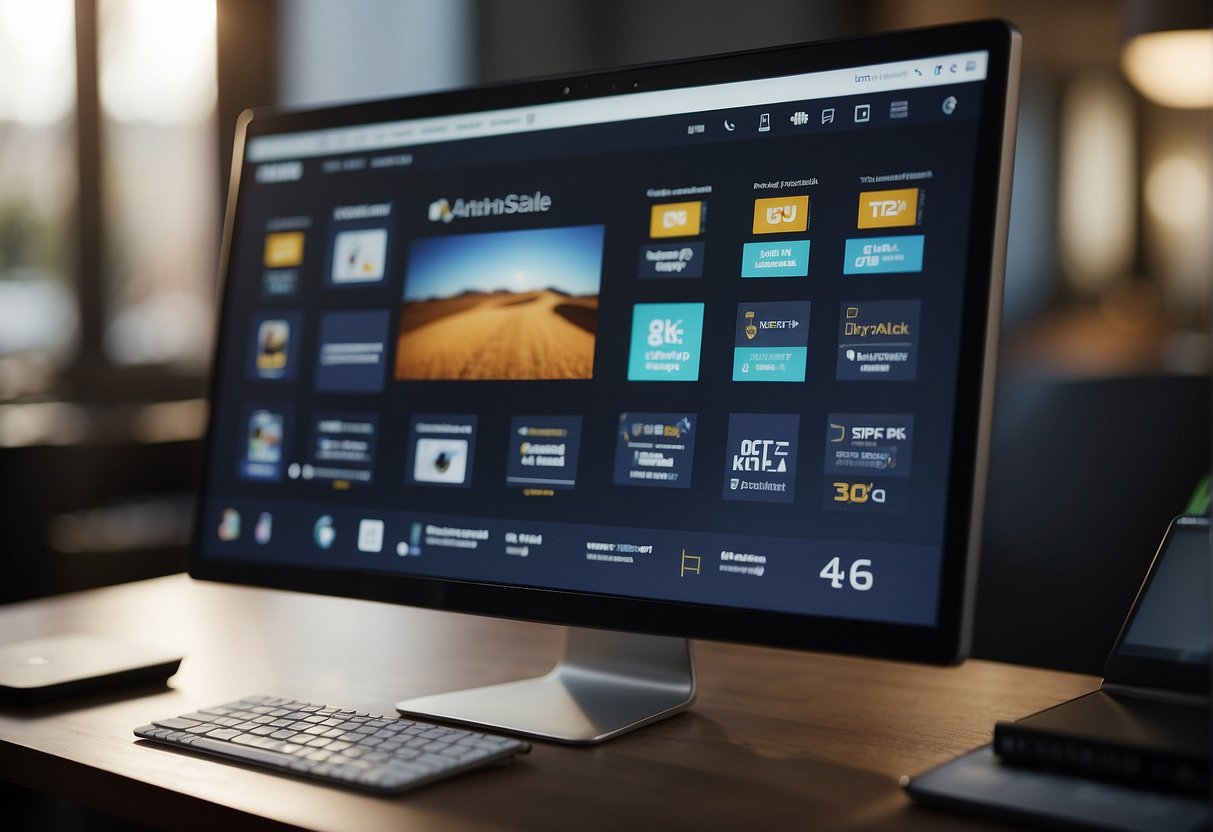 A computer screen displays a variety of AI videos with "After the Sale" branding. A digital marketplace logo is visible in the corner