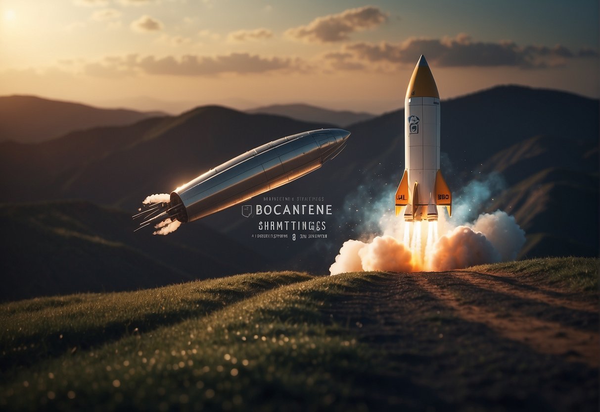 A rocket ship blasting off with "Marketing and Growth Strategies" written on the side
