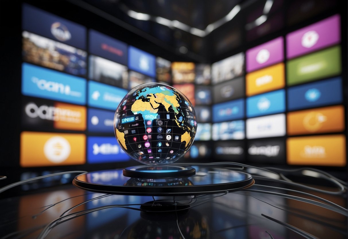 An AI video screen displays "Expanding Your Reach" with various business logos and graphics surrounding it