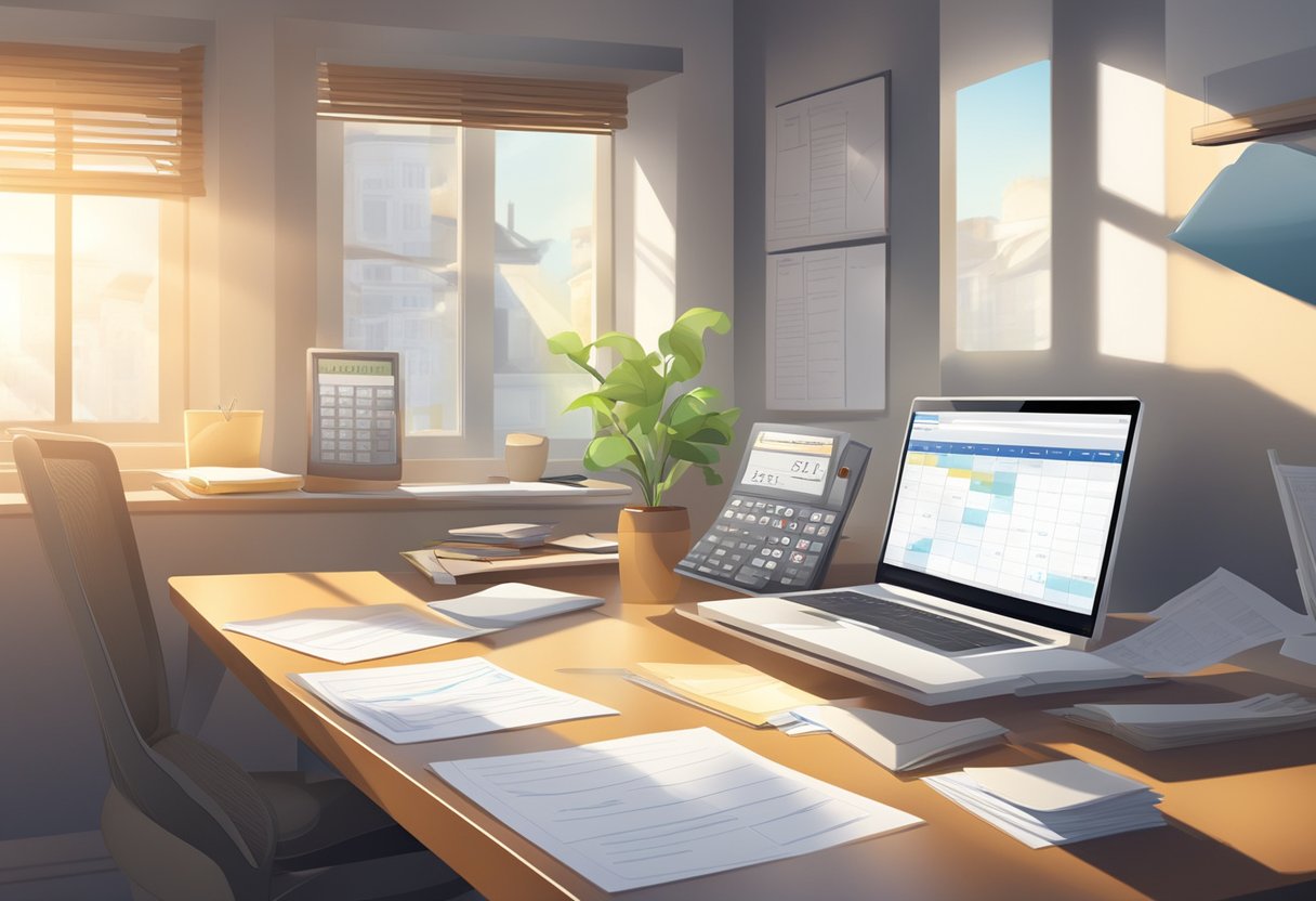 A desk with a computer, calculator, and financial documents. A calendar on the wall shows the current month. Sunlight streams through a window