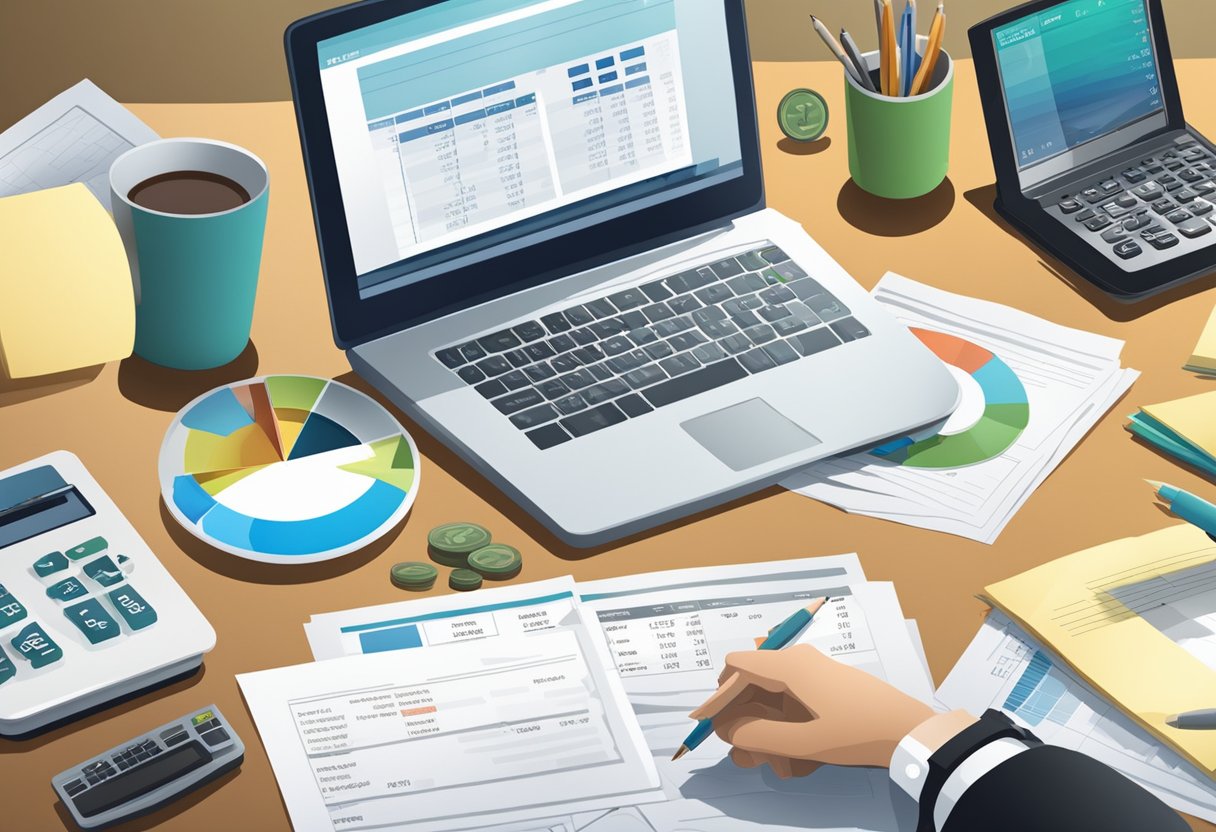 A table with financial documents, calculator, and laptop, symbolizing monthly financial report preparation