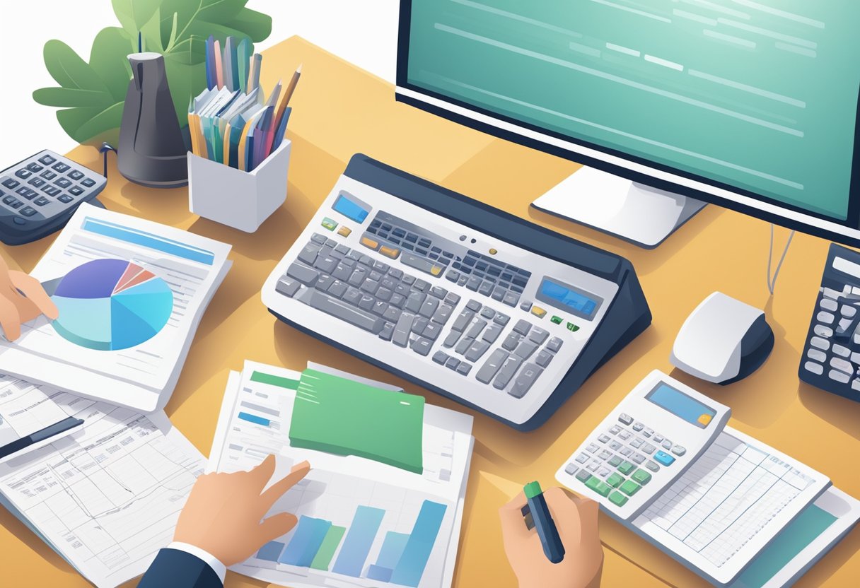 A desk with a computer, calculator, and financial documents laid out. A person organizing papers and typing on the computer to prepare a monthly financial report