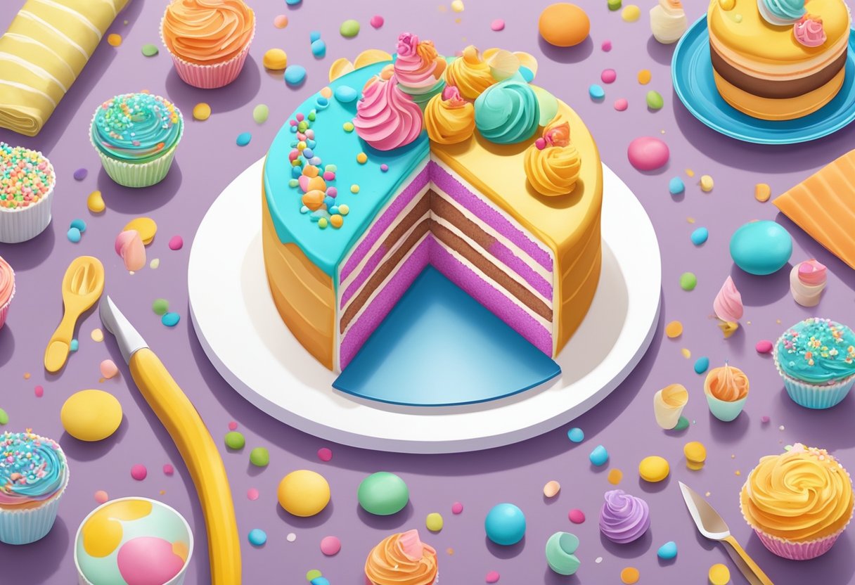 A beautifully decorated birthday cake being carefully assembled with colorful frosting, sprinkles, and edible decorations on a clean kitchen counter