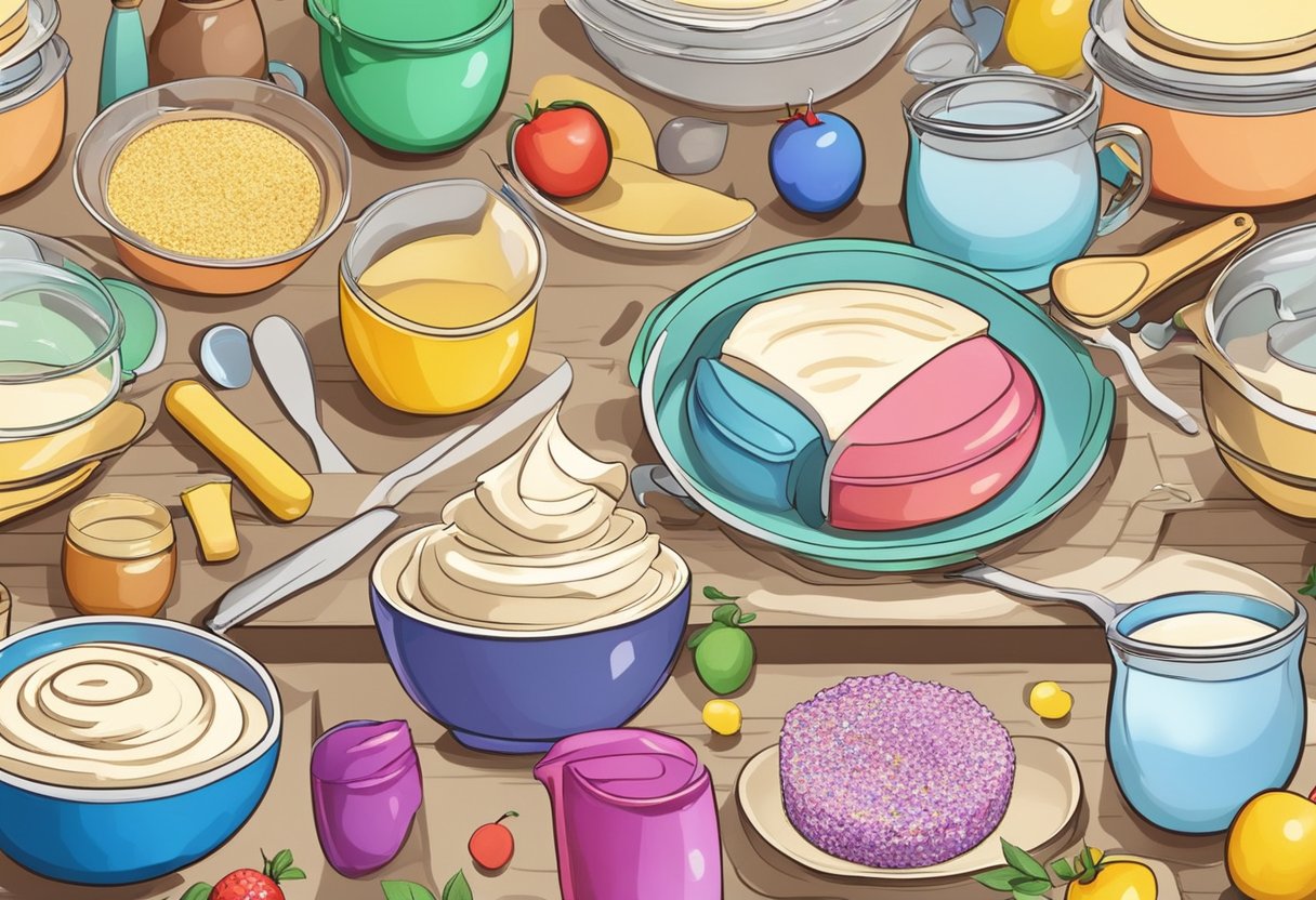 A countertop with ingredients, mixing bowls, and utensils laid out for making a beautiful birthday cake