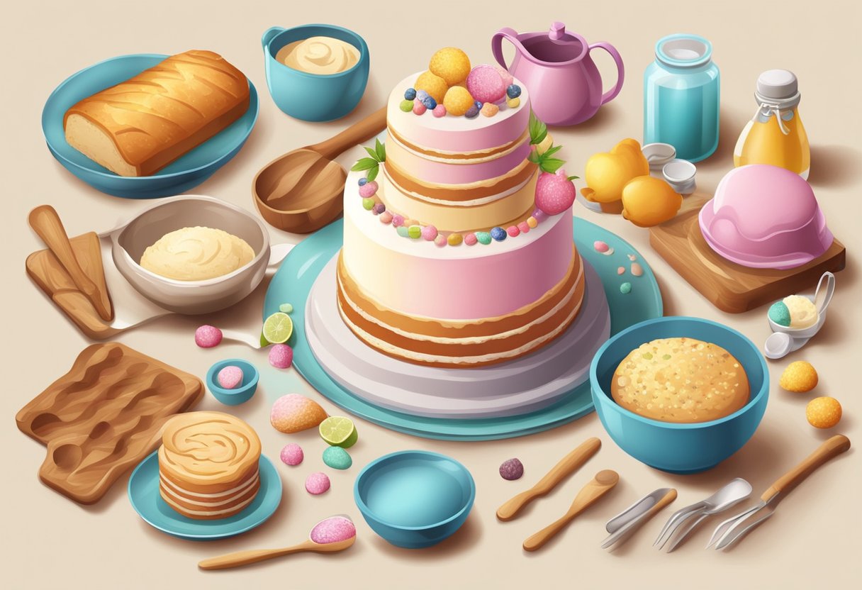 A table with various baking tools and ingredients laid out to make a beautiful birthday cake