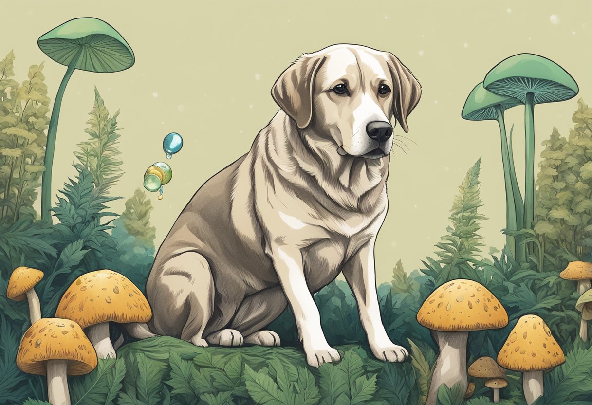 A dog stands between CBD oil and a cluster of medicinal mushrooms, looking curious and contemplative