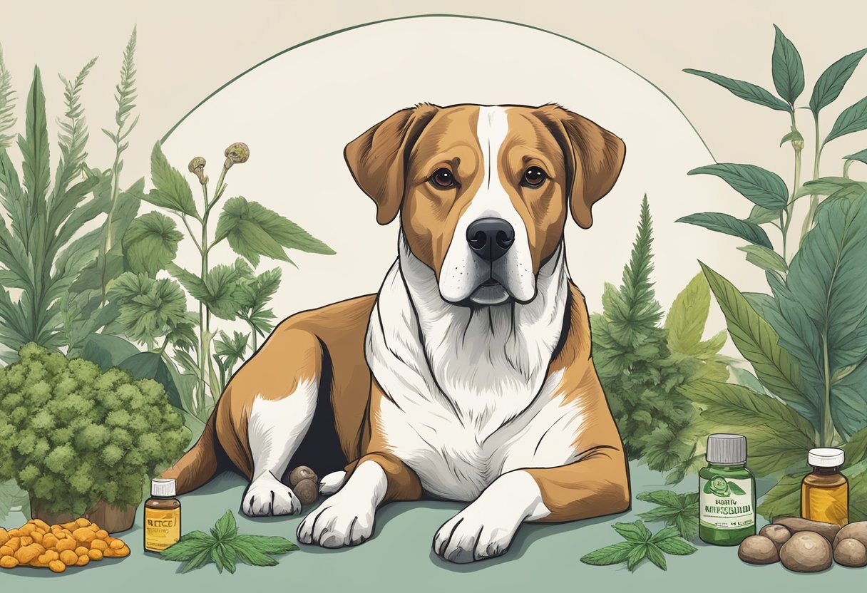 A dog sits surrounded by CBD oil and medicinal mushrooms, showcasing the options for natural pet health