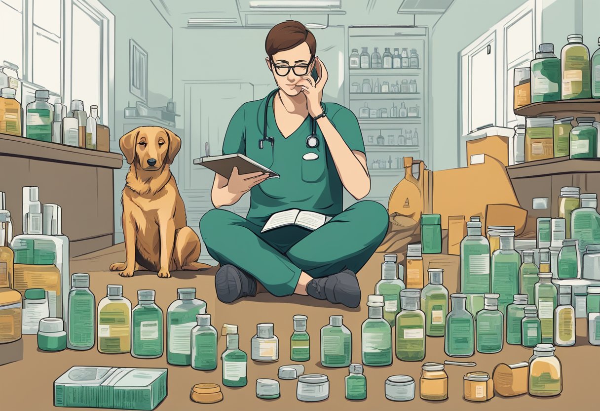 A dog sits beside a pile of CBD oil bottles and medicinal mushrooms, looking up expectantly. A veterinarian holds a clipboard, comparing the two options