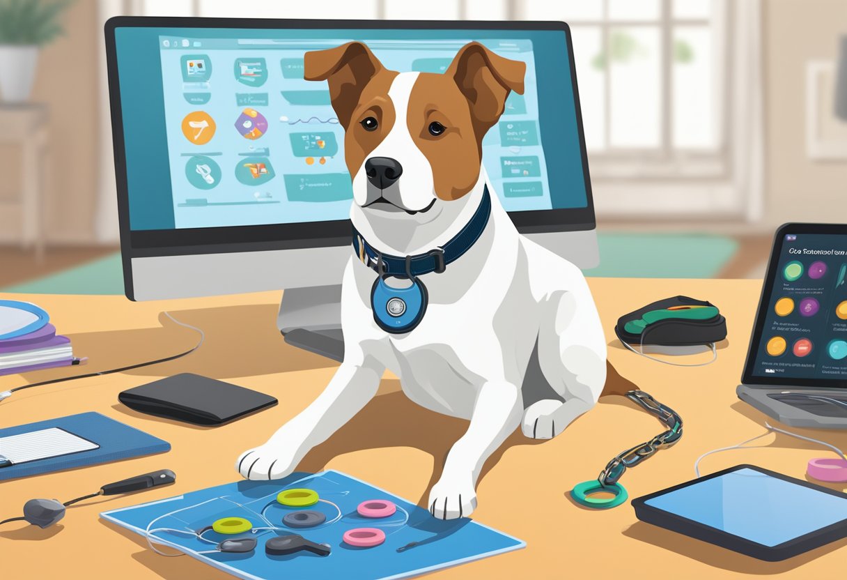 A dog sitting attentively, surrounded by training tools like a leash, treats, and a clicker. A computer or tablet displaying an online pet training program in the background