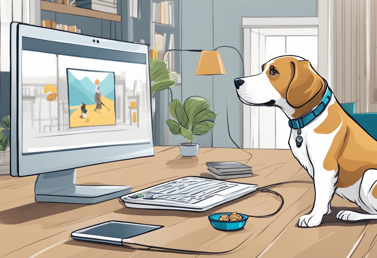A dog eagerly follows commands in an online training session, with treats and toys nearby