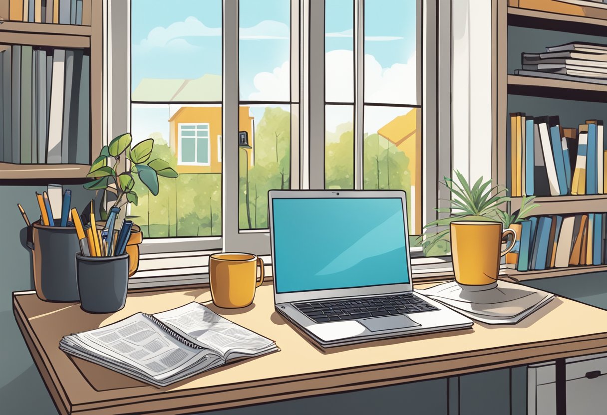 A laptop open on a desk with a notepad and pen, surrounded by home improvement magazines and a cup of coffee. An open window shows a sunny day outside