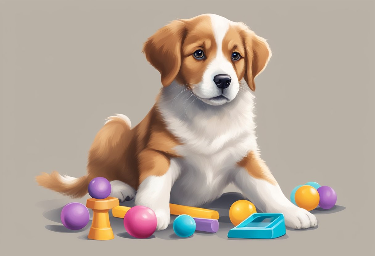 A playful puppy sits attentively, focused on a training session. A variety of toys and treats are scattered nearby, ready for use in the training process