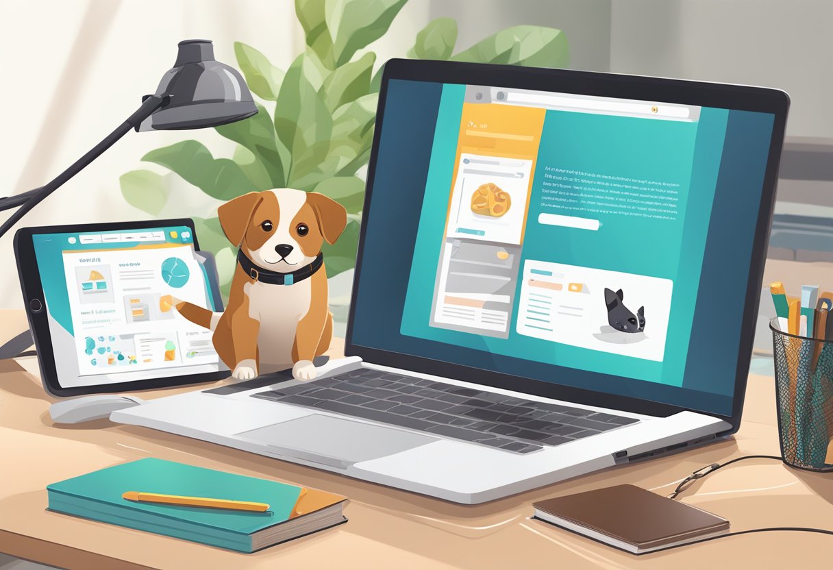 A laptop open on a desk with a pet training website displayed, a leash and treats nearby, and a book on pet behavior training