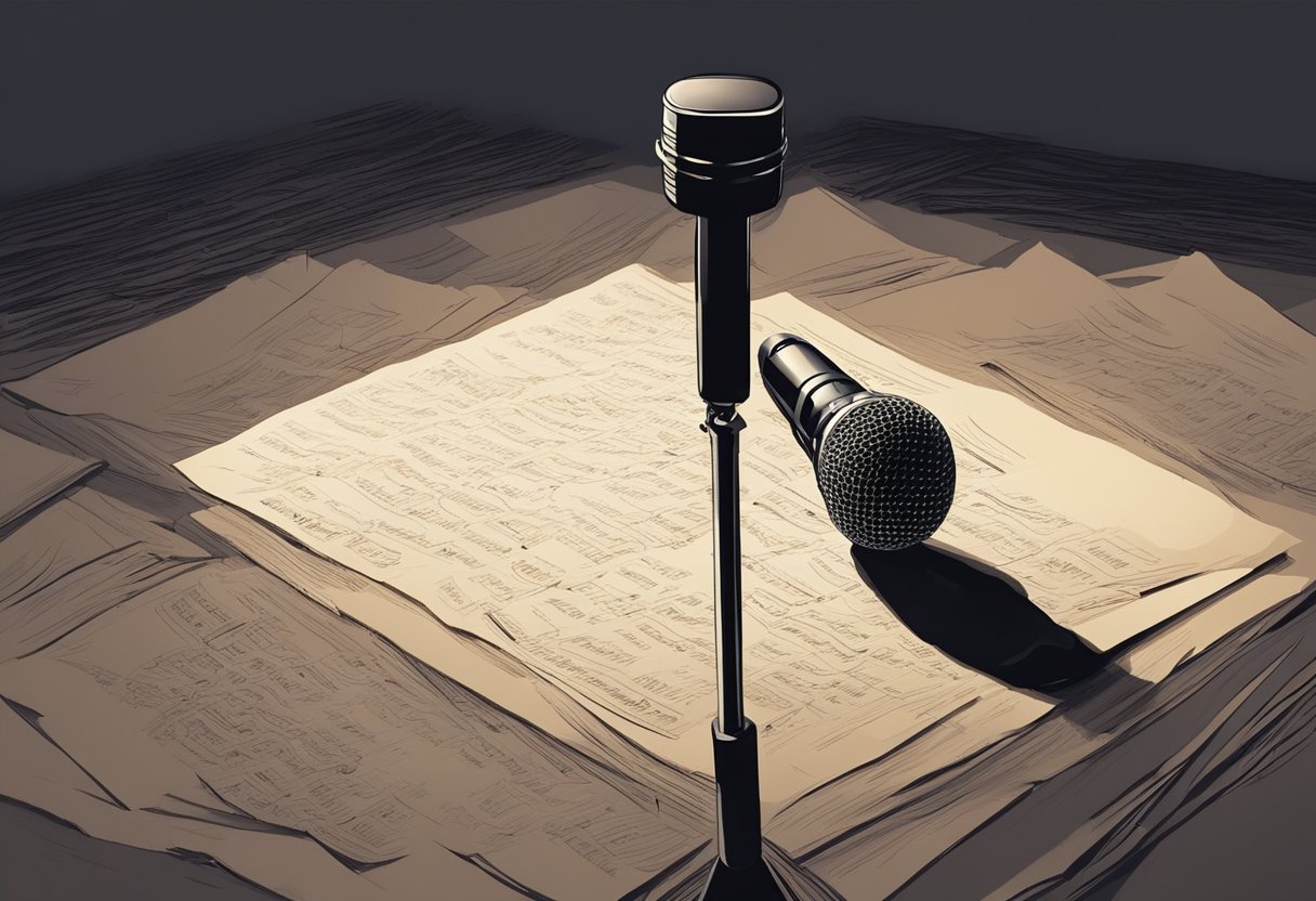 A microphone stands alone on a dimly lit stage, surrounded by scattered sheets of paper with handwritten lyrics. A spotlight shines down, casting a dramatic shadow on the floor
