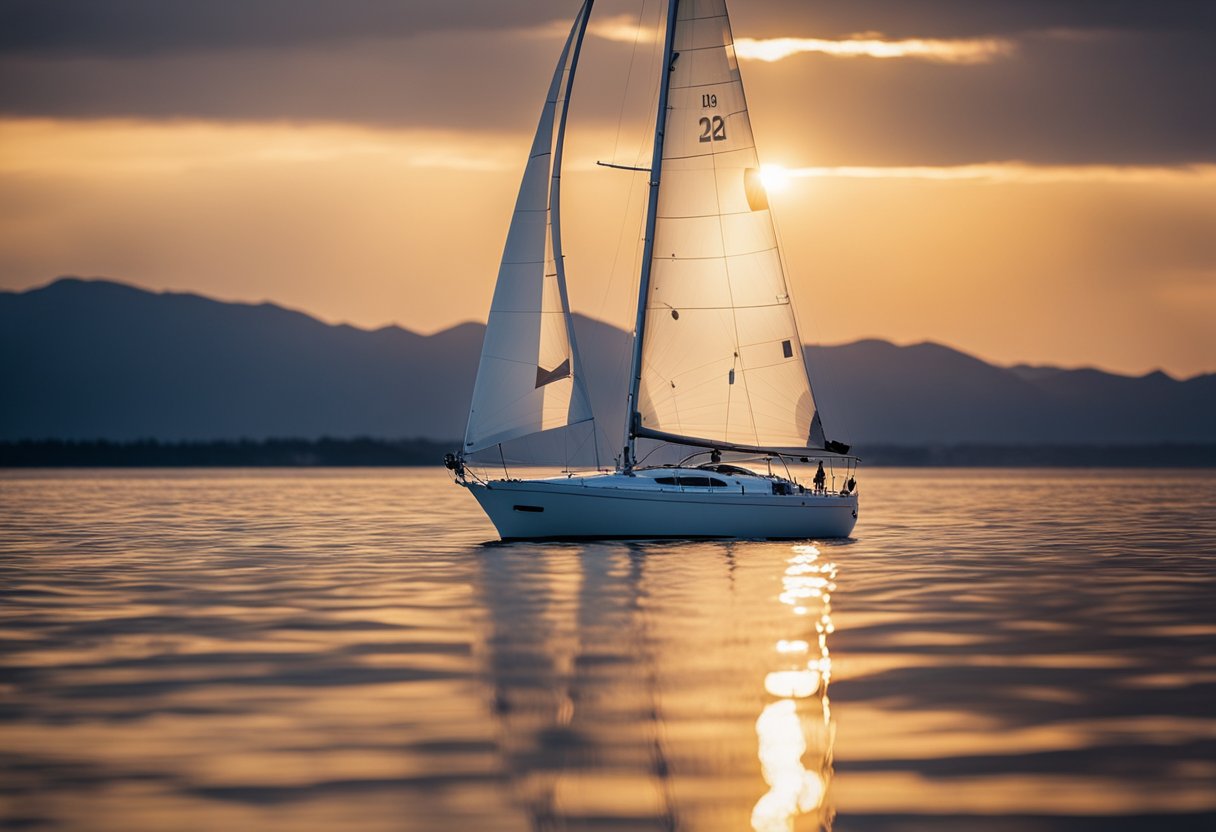 A sailboat glides across calm waters, its white sails billowing in the wind. The sun sets in the distance, casting a warm glow over the scene