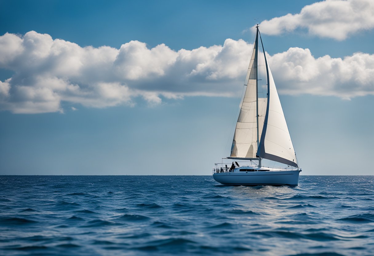 A sailboat glides across calm waters, surrounded by a backdrop of clear blue skies and distant shorelines. The boat's sails billow in the wind, symbolizing the freedom and leisure that comes with sailing as a hobby
