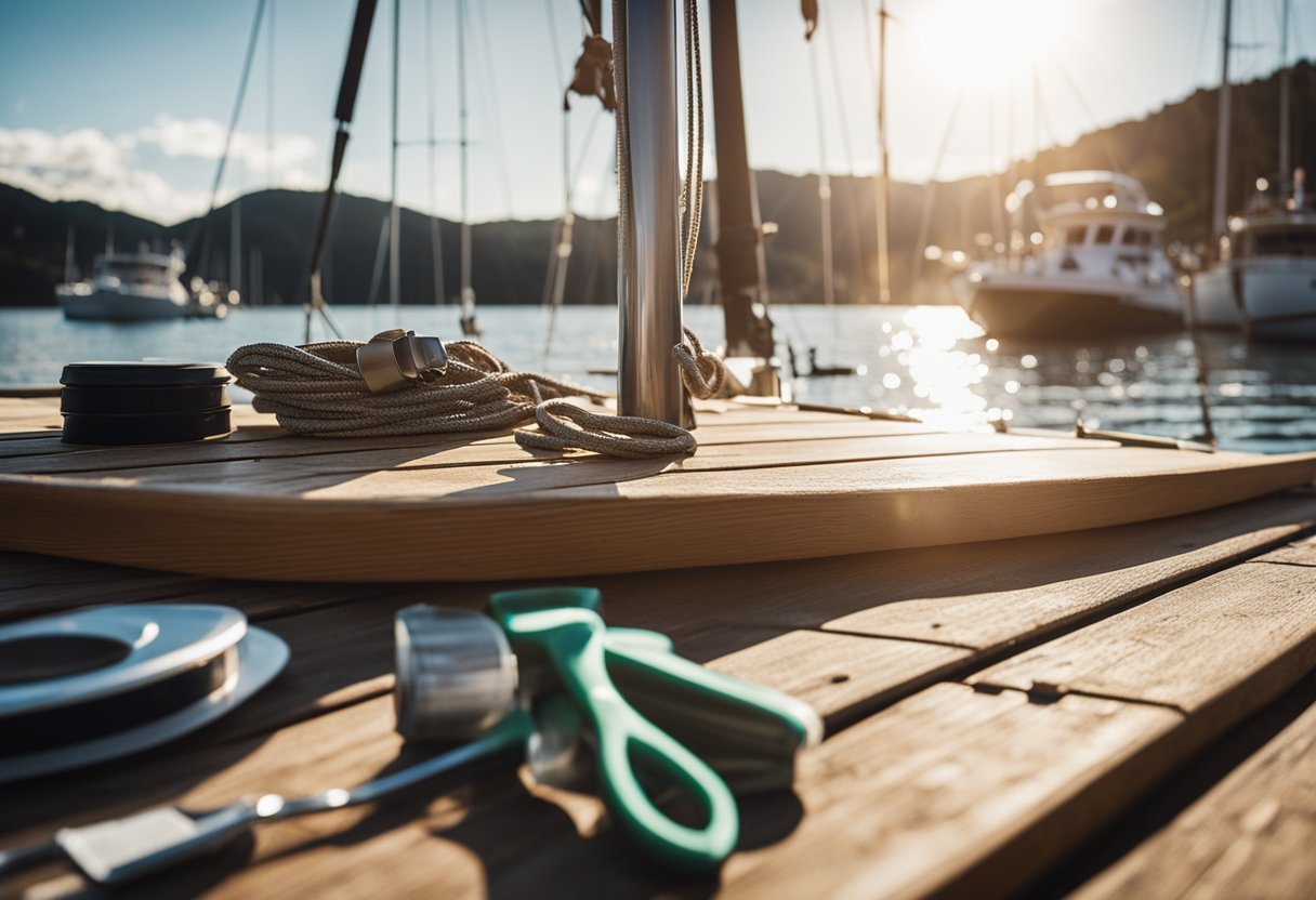 A sailboat being cleaned and polished on a sunny dock. Tools and supplies are neatly organized nearby