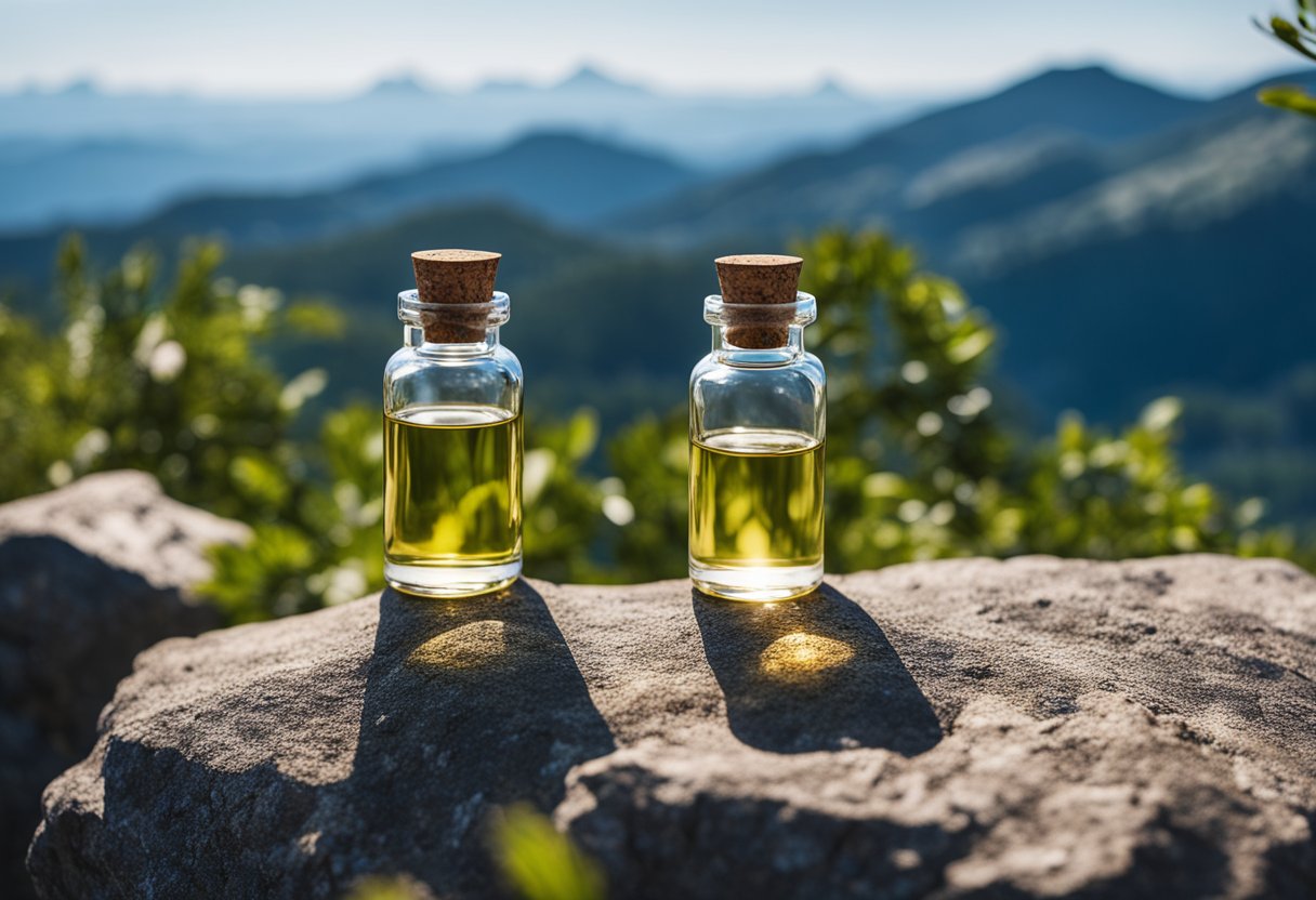 Two essential oil bottles face off on a rocky mountain peak, surrounded by lush greenery and a clear blue sky