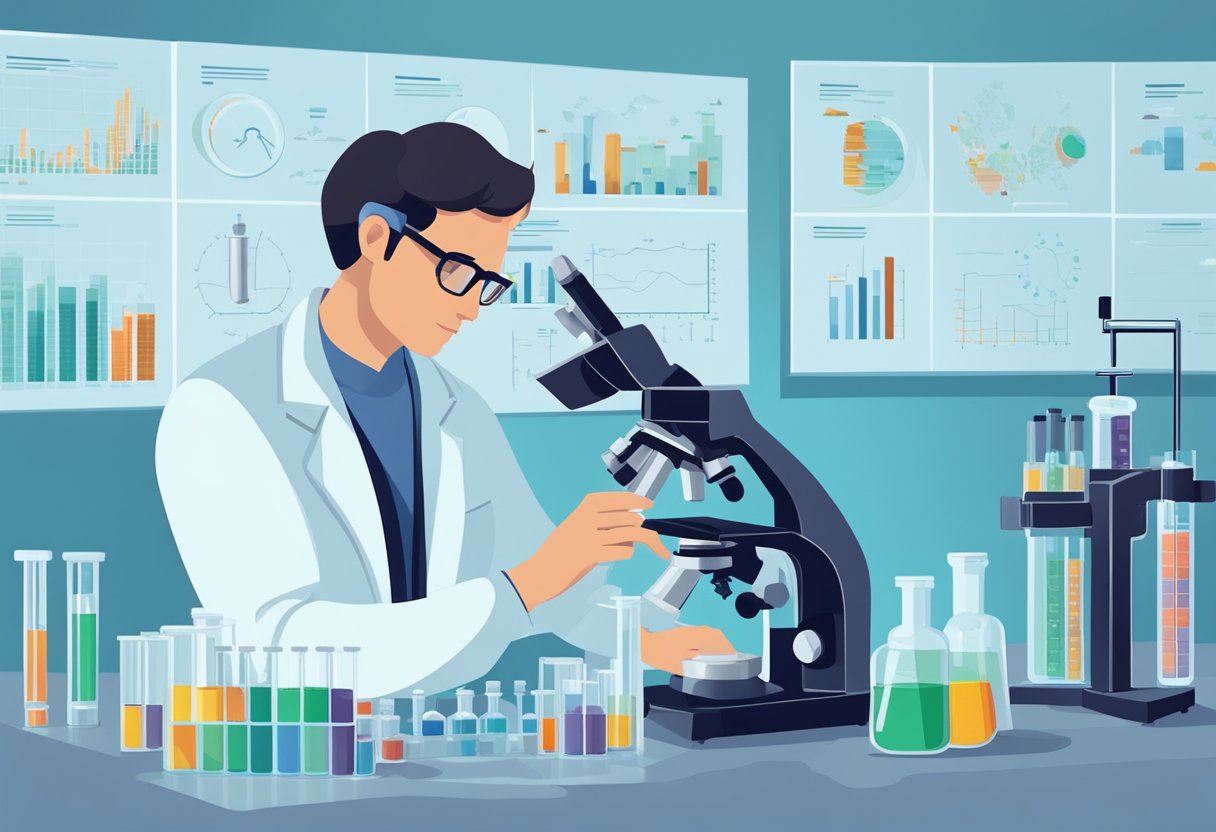 A laboratory setting with vials of semaglutide, data charts, and a microscope. A researcher analyzing results with a focused expression