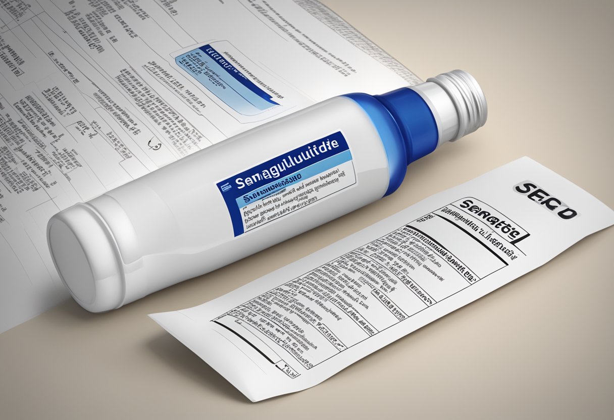 A bottle of semaglutide with a warning label. A list of long-term side effects is shown next to it