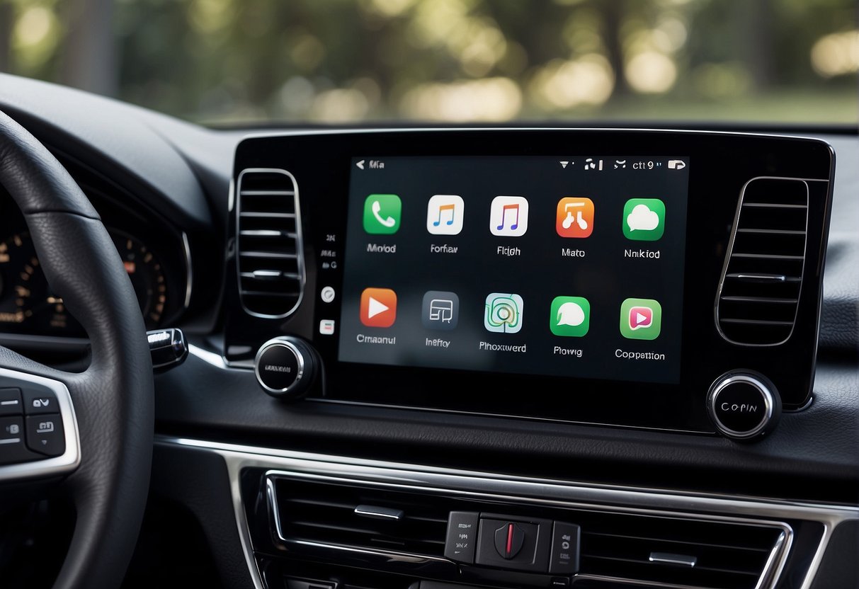 A car dashboard with a CarPlay interface on one side and an Android interface on the other, both displaying incompatible messages