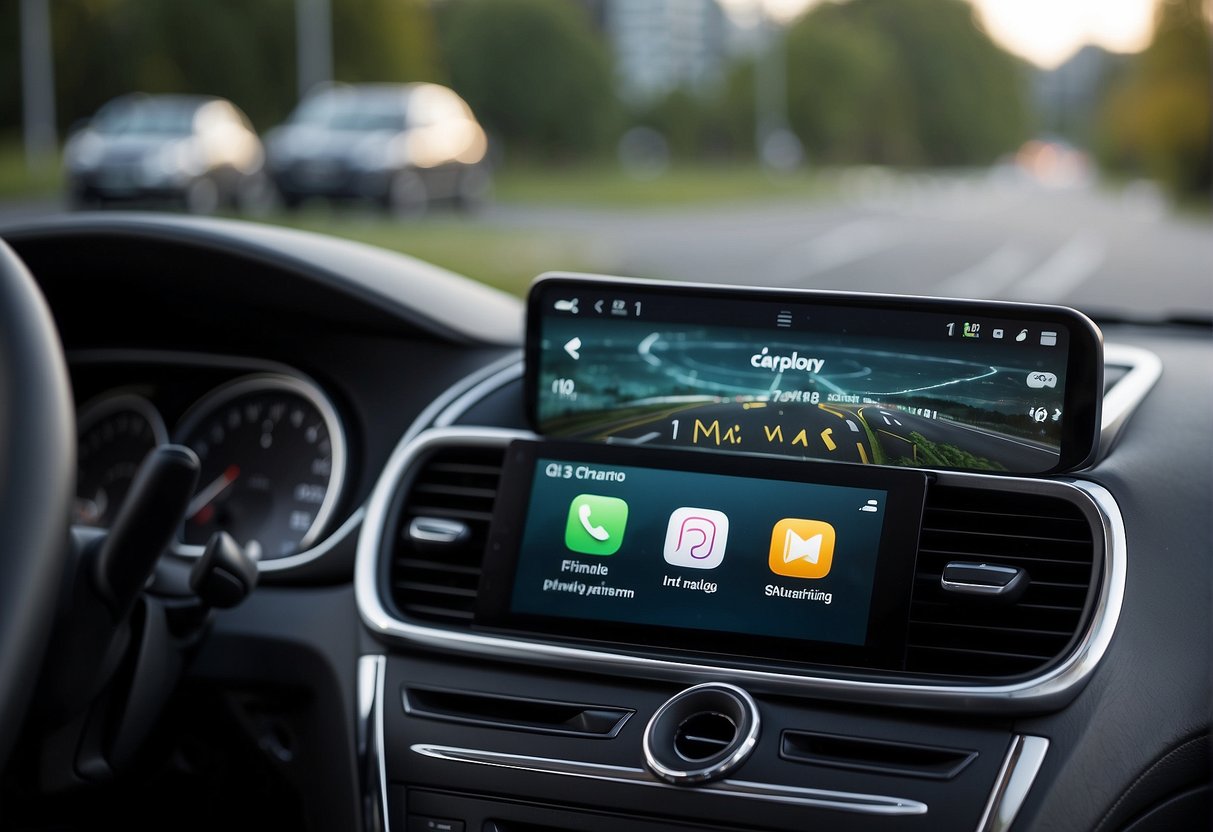 A smartphone connected to a car display, with a message indicating that third-party software restrictions prevent CarPlay from working with Android