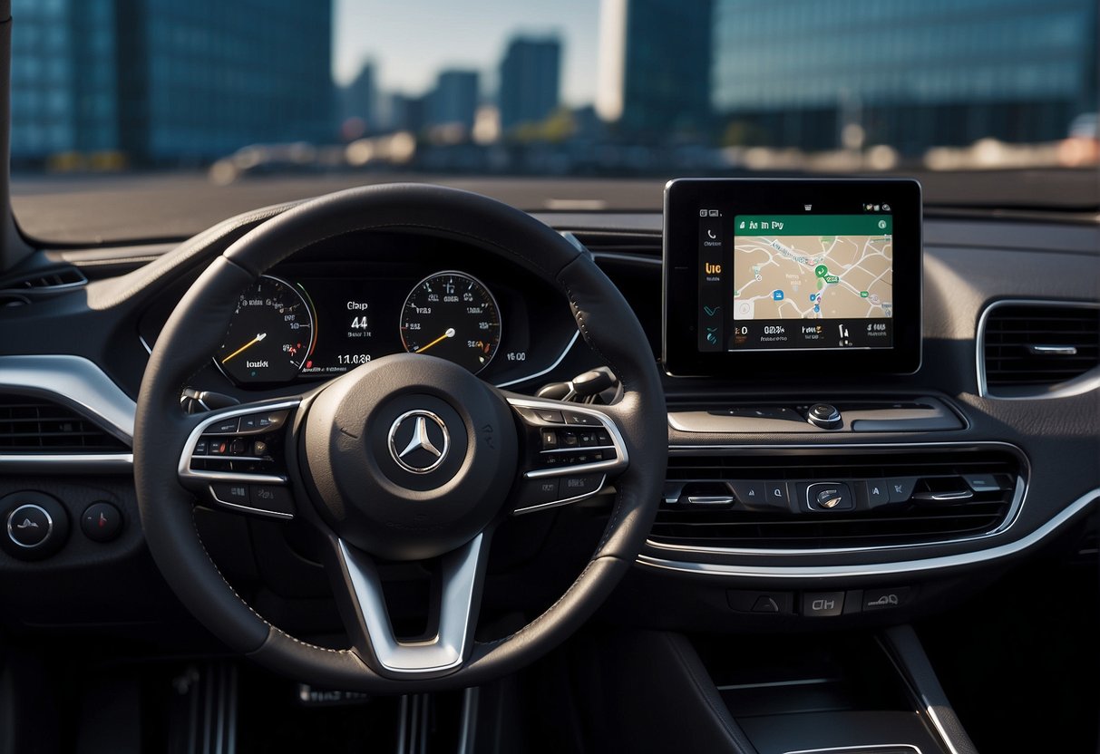 A car dashboard with a wireless adapter connected to both CarPlay and Android Auto, displaying seamless integration and functionality