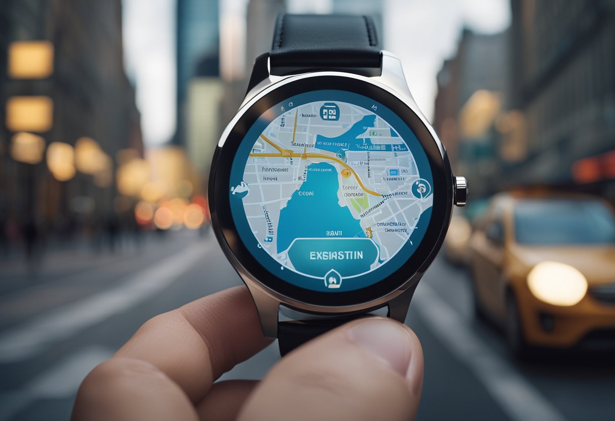 A sleek smartwatch displays a holographic map, while a traveler effortlessly navigates through a bustling city using augmented reality