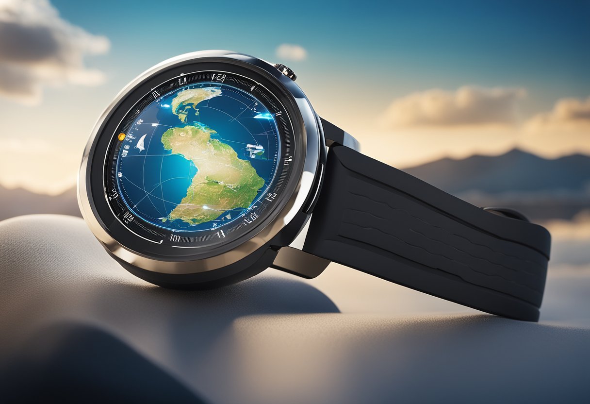 A sleek, futuristic smartwatch displaying travel updates and notifications, with a globe and airplane icon on the screen