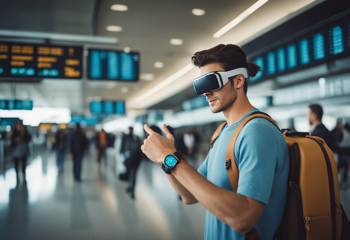 A traveler wearing a smartwatch uses AR to navigate a bustling airport, while VR transports them to their destination, enhancing their travel experience
