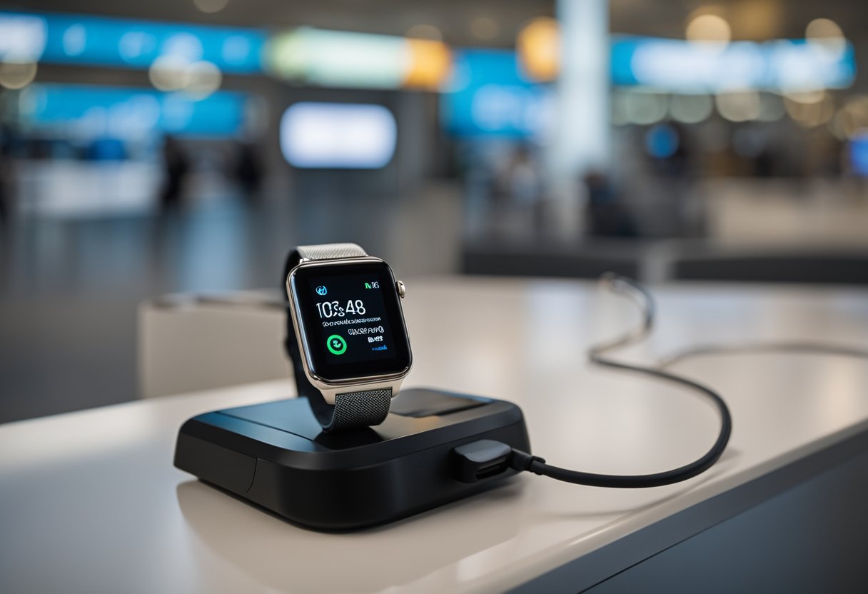 A smartwatch sits on a charging dock, displaying battery life and charge cycles. In the background, a bustling airport symbolizes the impact of wearable tech on travel