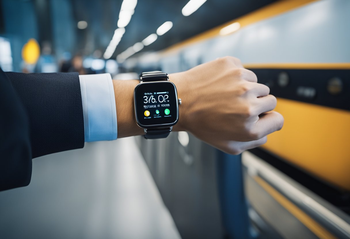A traveler's wrist adorned with a smartwatch displaying real-time safety alerts and navigation assistance, while a suitcase equipped with wearable sensors enhances security during travel