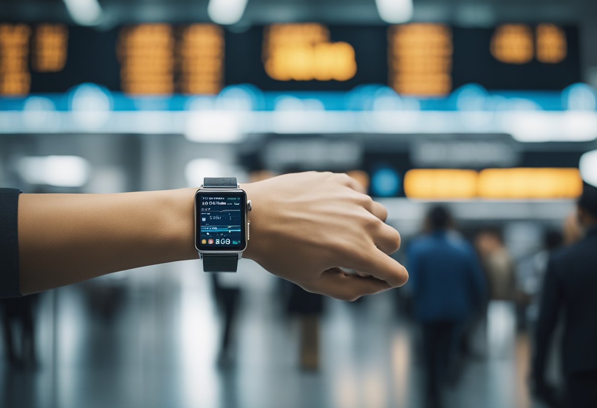 A traveler's wrist adorned with futuristic wearable tech, surrounded by bustling airport activity and modern transportation