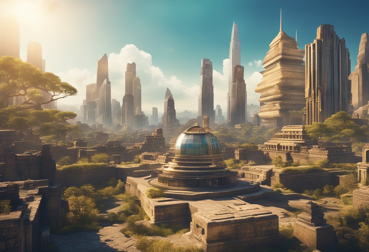 Diving into the Metaverse: Cultural Tourism's Next Big Adventure - Vibrant virtual landscapes blend with historical artifacts, creating a surreal fusion of past and present. A digital avatar explores ancient ruins while futuristic skyscrapers loom in the distance