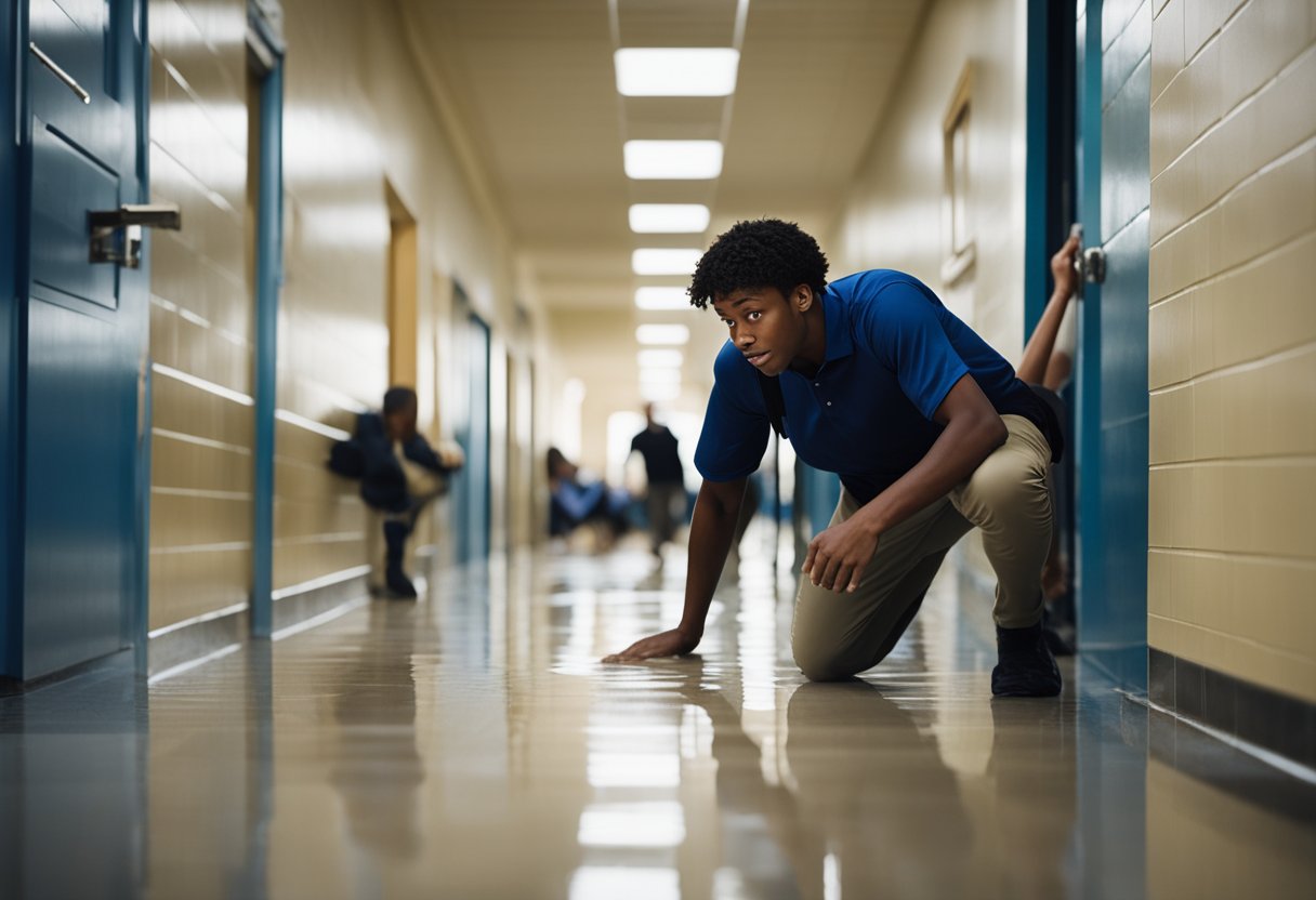 A student falls on a wet floor in a school hallway, clutching their ankle in pain. A teacher rushes to help while other students look on in concern