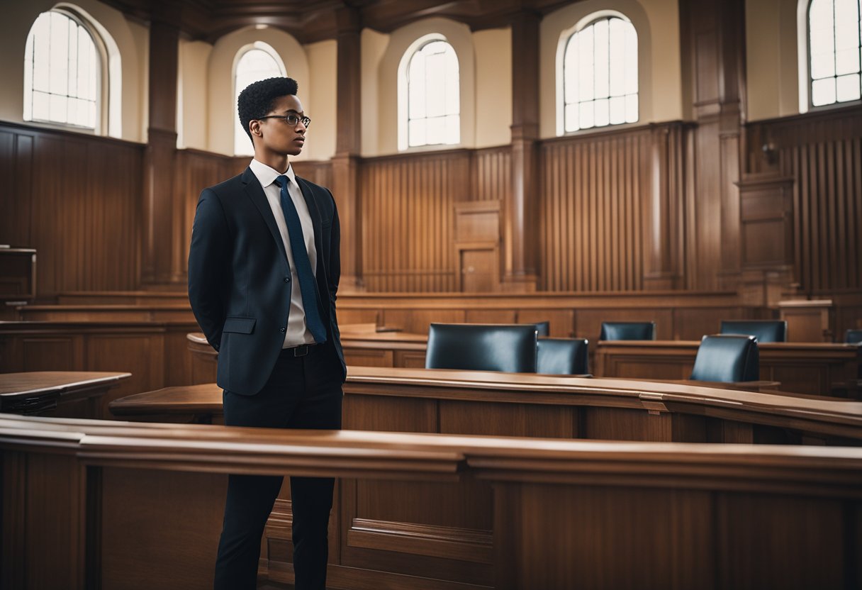 A student accident lawyer stands confidently in a courtroom, presenting evidence and advocating for their client's rights