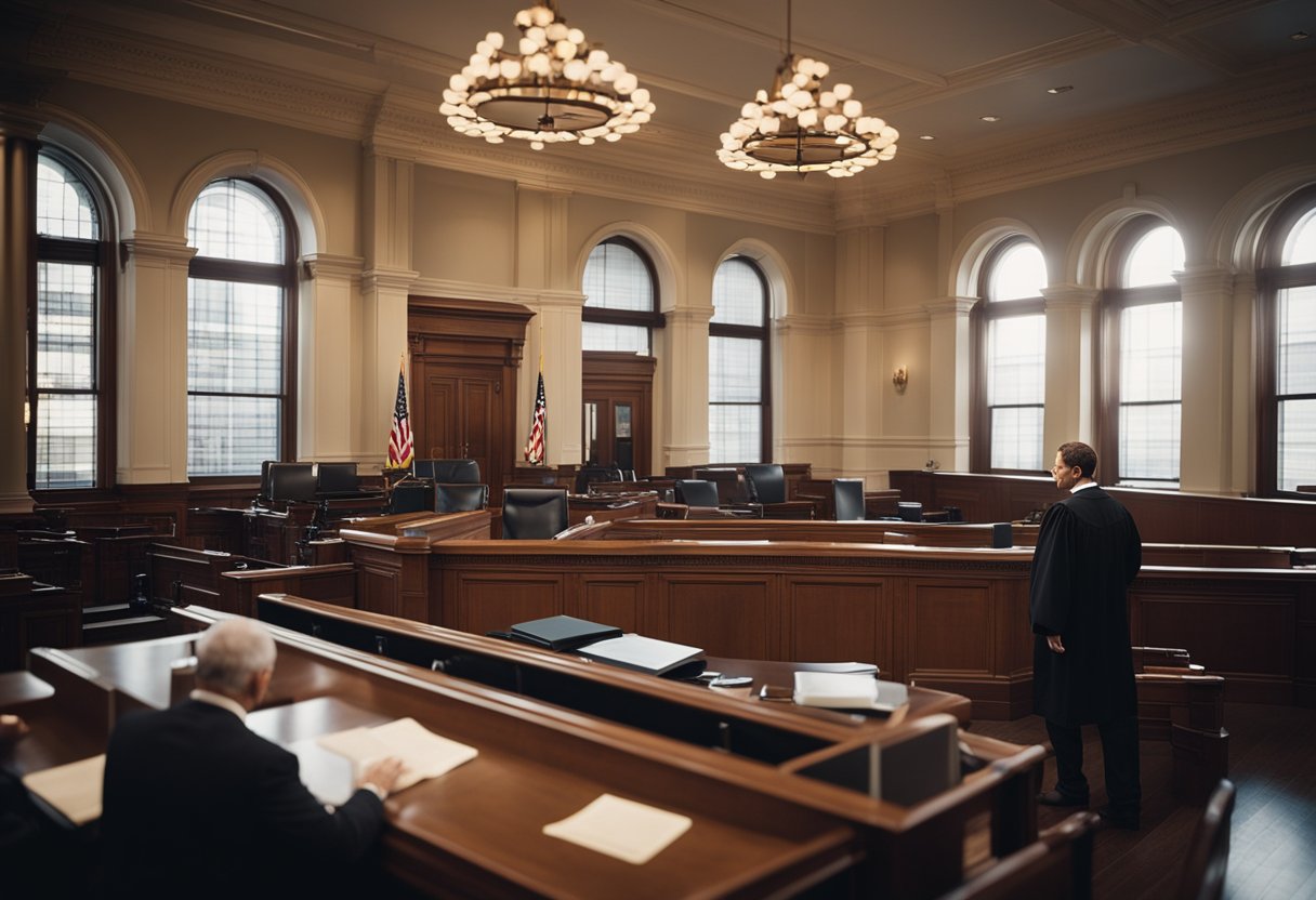A courtroom with a personal accident lawyer presenting a case in New York